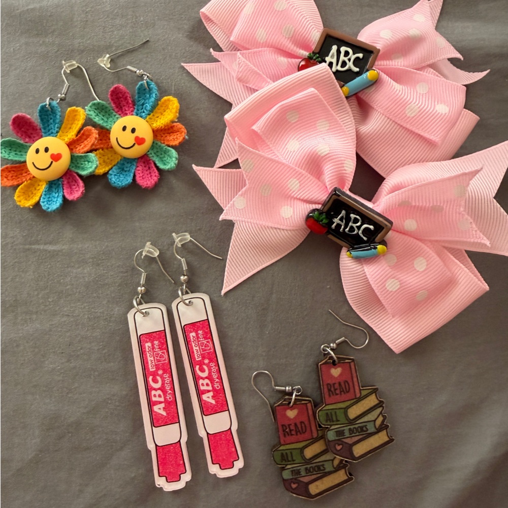 Colorful School-Themed Hair Accessories and Earrings